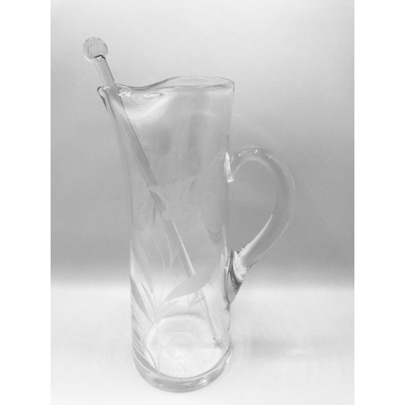 Vintage etched floral and butterflies hand blown cocktail pitcher with mixer. - Picture 12 of 12